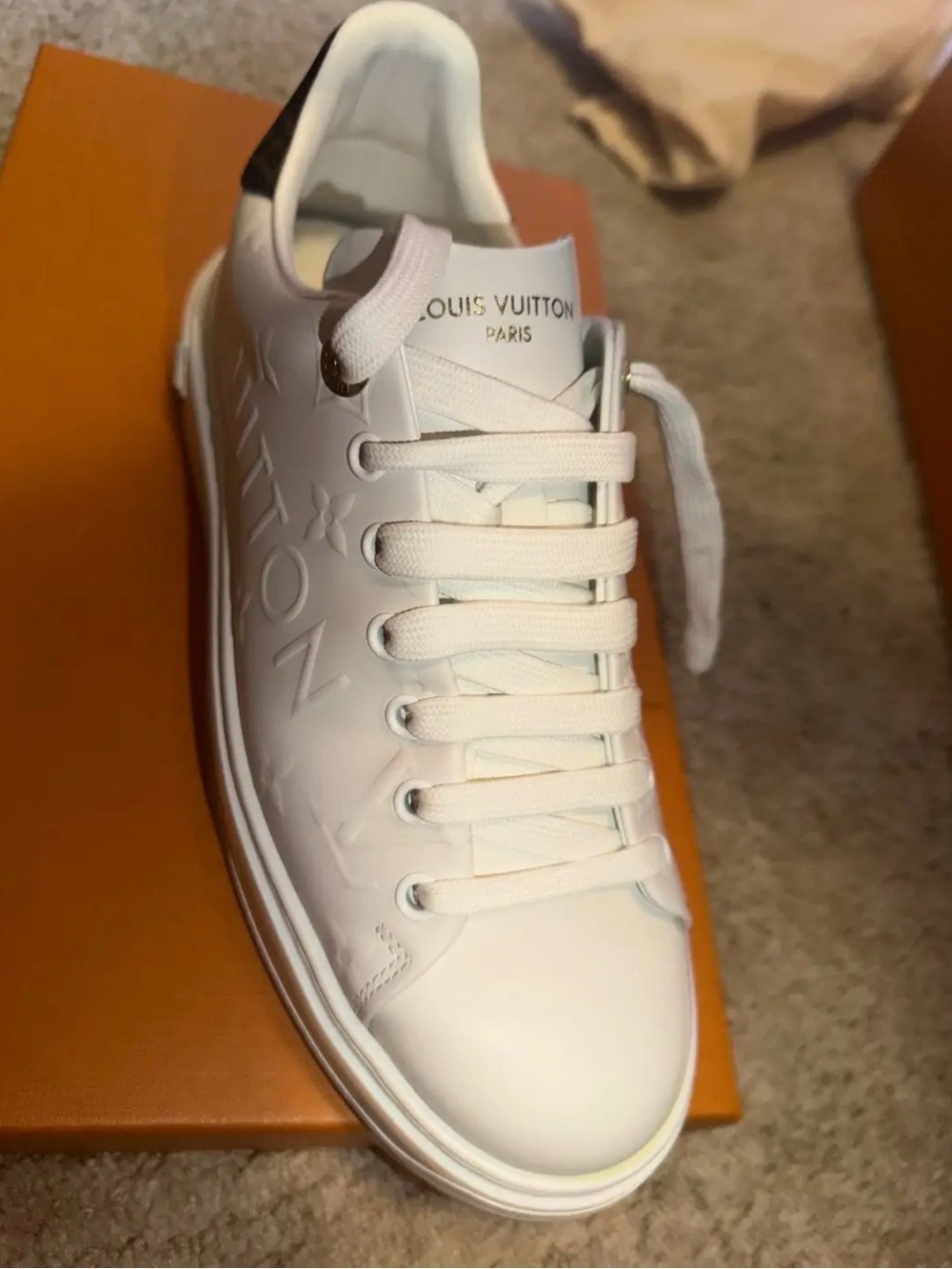 Louis Vuitton White Embossed Monogram platform Sneaker with Brown Heel Tab - Picture 3 of 4